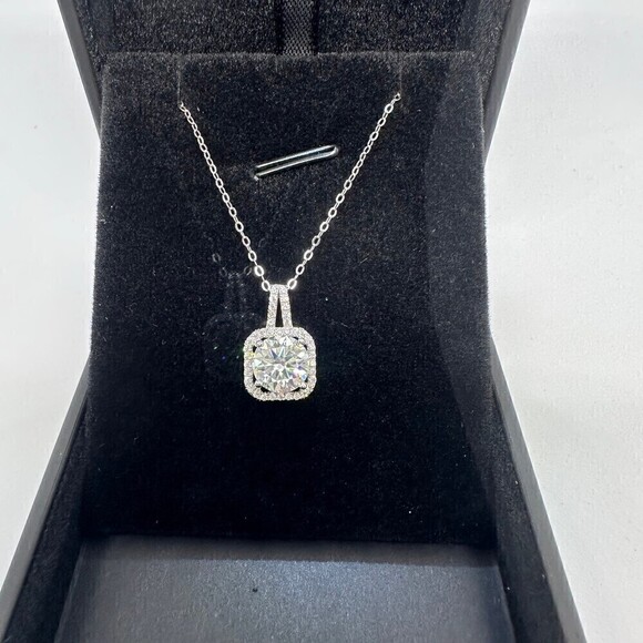 GRA Moissanite Diamond Necklace 2 Ct Pendant Chain Fine Jewelry Halo - Picture 6 of 12